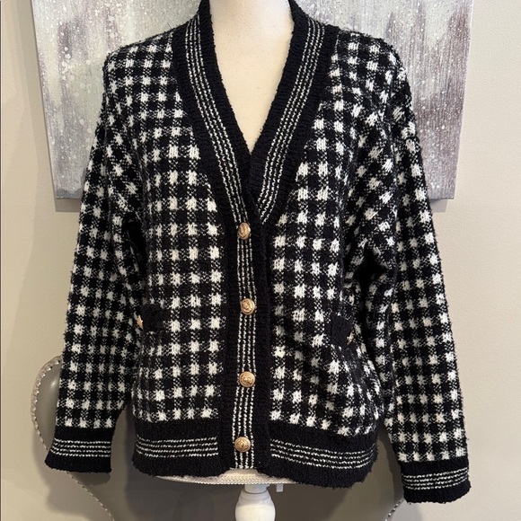 Aqua Sweaters - Black and White Checkered Women's Sweater by Aqua Size Large